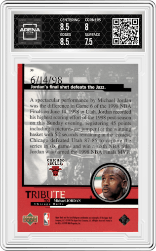 Michael Jordan from the 1999 Upper Deck Tribute to Michael Jordan set graded by Arena Club and given an overall grade of 8.