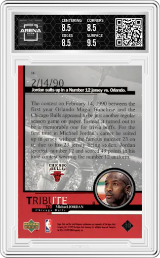Michael Jordan from the 1999 Upper Deck Tribute to Michael Jordan set graded by Arena Club and given an overall grade of 9.