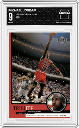 Michael Jordan from the 1999 Upper Deck Tribute to Michael Jordan set graded by Arena Club and given an overall grade of 9.
