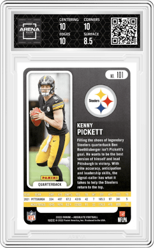 Kenny Pickett from the 2022 Panini Absolute set graded by Arena Club and given an overall grade of 9.