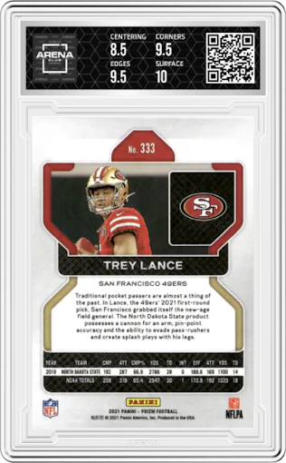 Trey Lance from the 2021 Panini Prizm set graded by Arena Club and given an overall grade of 9.
