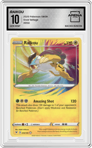 Raikou from the 2020 Pokemon SWSH set graded by Arena Club and given an overall grade of 10.