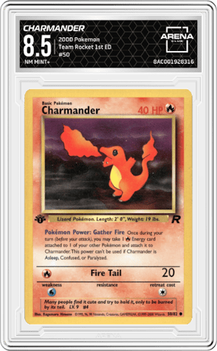 Charmander  from the 2000 Pokemon set graded by Arena Club and given an overall grade of 8.5.
