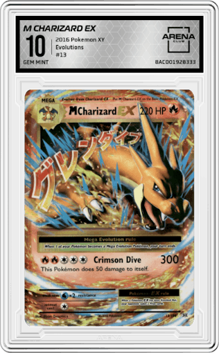 M Charizard EX from the 2016 Pokemon XY set graded by Arena Club and given an overall grade of 10.