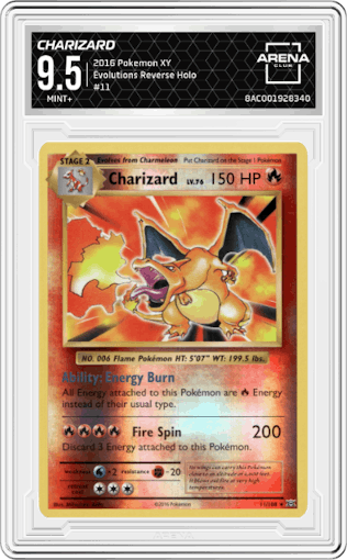 Charizard  from the 2016 Pokemon XY set graded by Arena Club and given an overall grade of 9.5.