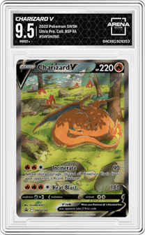 Charizard V from the 2022 Pokemon SWSH set featuring a Ultra Premium Collection parallel graded by Arena Club and given an overall grade of 9.5.