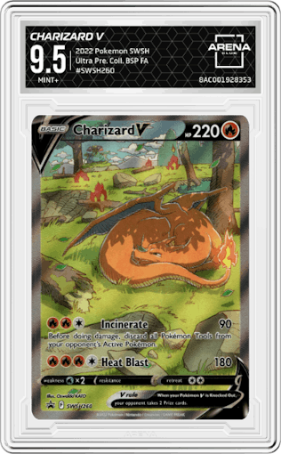 Charizard V from the 2022 Pokemon SWSH set featuring a Ultra Premium Collection parallel graded by Arena Club and given an overall grade of 9.5.