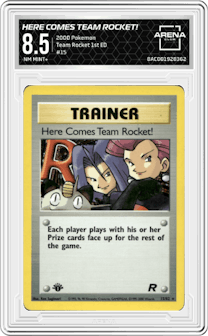 Here Comes Team Rocket! from the 2000 Pokemon set graded by Arena Club and given an overall grade of 8.5.