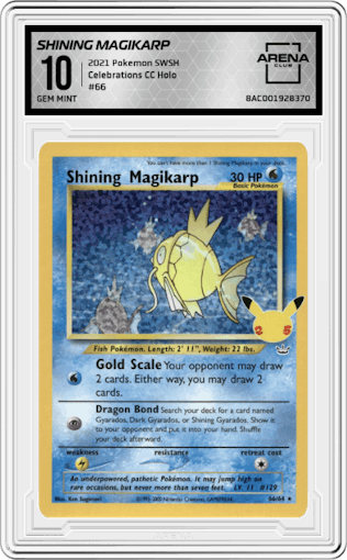 Shining Magikarp from the 2021 Pokemon SWSH set graded by Arena Club and given an overall grade of 10.