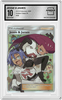 Jessie & James from the 2019 Pokemon S&M  set graded by Arena Club and given an overall grade of 10.