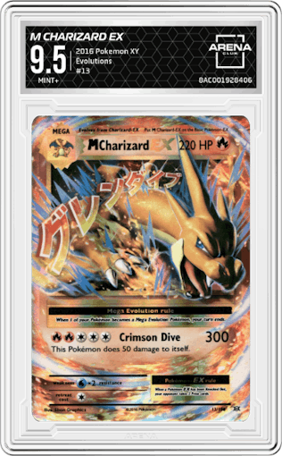 M Charizard EX from the 2016 Pokemon XY set graded by Arena Club and given an overall grade of 9.5.