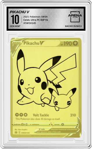 Pikachu V from the 2021 Pokemon SWSH set graded by Arena Club and given an overall grade of 10.