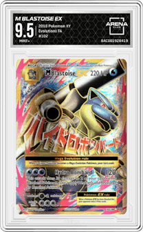 M Blastoise EX from the 2016 Pokemon XY set graded by Arena Club and given an overall grade of 9.5.