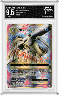 M Blastoise EX from the 2016 Pokemon XY set graded by Arena Club and given an overall grade of 9.5.