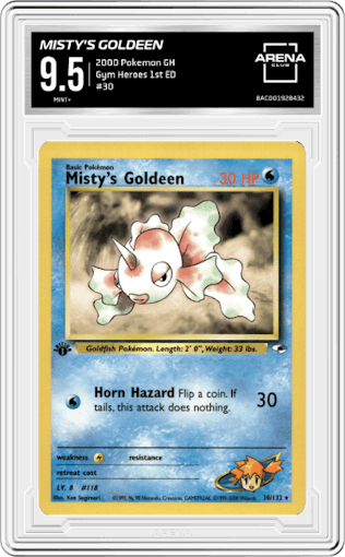 Misty's Goldeen from the 2000 Pokemon GH set graded by Arena Club and given an overall grade of 9.5.