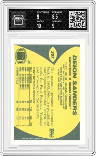 Deion Sanders from the 1989 Topps Traded set graded by Arena Club and given an overall grade of 9.