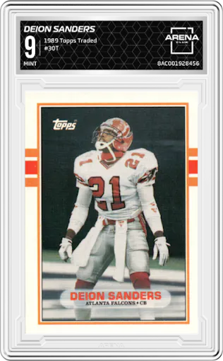 Deion Sanders from the 1989 Topps Traded set graded by Arena Club and given an overall grade of 9.