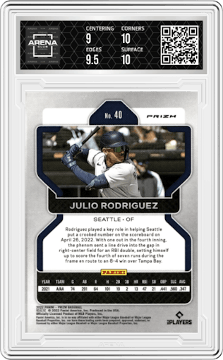 Julio Rodriguez from the 2022 Panini Prizm set featuring a Red/White/Blue Prizm parallel graded by Arena Club and given an overall grade of 9.5.