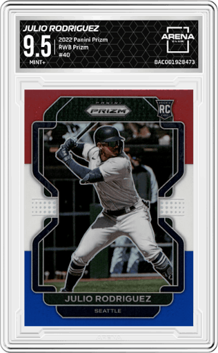 Julio Rodriguez from the 2022 Panini Prizm set featuring a Red/White/Blue Prizm parallel graded by Arena Club and given an overall grade of 9.5.