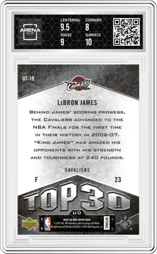 Lebron James from the 2007-08 Upper Deck  set graded by Arena Club and given an overall grade of 8.5.