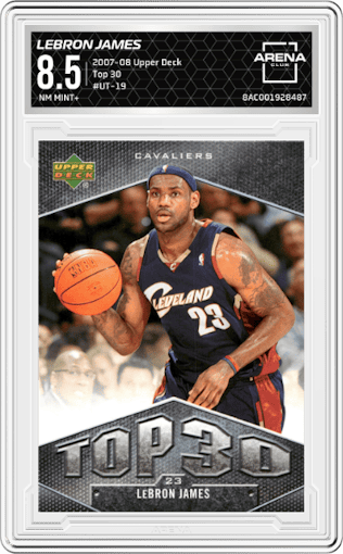 Lebron James from the 2007-08 Upper Deck  set graded by Arena Club and given an overall grade of 8.5.