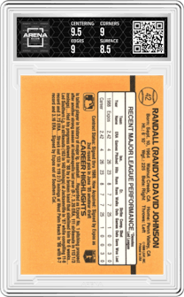 Randy Johnson from the 1989 Donruss set graded by Arena Club and given an overall grade of 9.