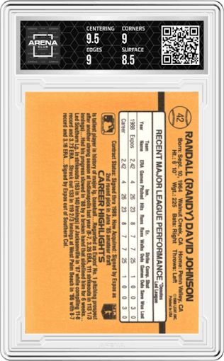 Randy Johnson from the 1989 Donruss set graded by Arena Club and given an overall grade of 9.