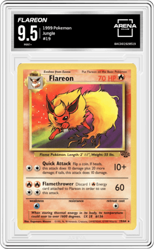 Flareon from the 1999 Pokemon set graded by Arena Club and given an overall grade of 9.5.
