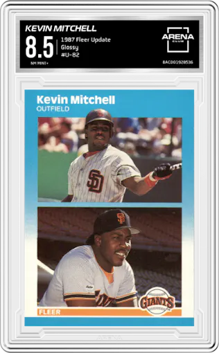 Kevin Mitchell  from the 1987 Fleer Update set featuring a Glossy parallel graded by Arena Club and given an overall grade of 8.5.