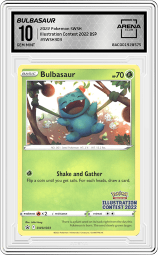 Bulbasaur from the 2022 Pokemon SWSH set featuring a Illustration Contest 2022 parallel graded by Arena Club and given an overall grade of 10.