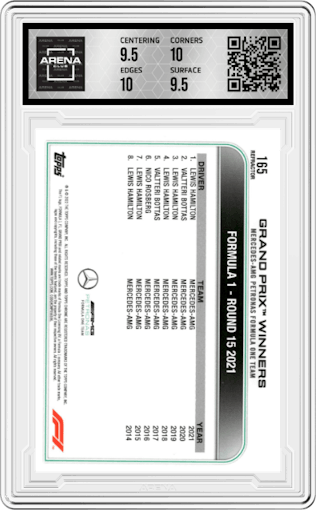 Lewis Hamilton from the 2022 Topps Chrome F1 set featuring a Refractor parallel graded by Arena Club and given an overall grade of 10.