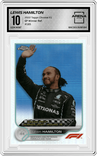 Lewis Hamilton from the 2022 Topps Chrome F1 set featuring a Refractor parallel graded by Arena Club and given an overall grade of 10.