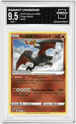 Radiant Charizard from the 2023 Pokemon SWSH set graded by Arena Club and given an overall grade of 9.5.