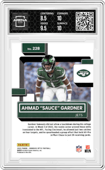 Ahmad "Sauce" Gardner from the 2022 Panini Donruss Optic set graded by Arena Club and given an overall grade of 9.