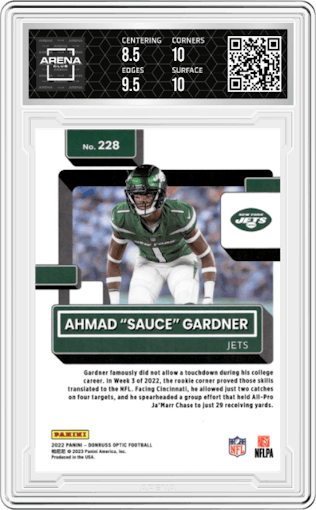 Ahmad "Sauce" Gardner from the 2022 Panini Donruss Optic set graded by Arena Club and given an overall grade of 9.