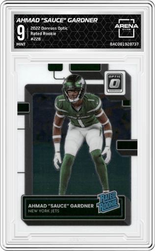 Ahmad "Sauce" Gardner from the 2022 Panini Donruss Optic set graded by Arena Club and given an overall grade of 9.