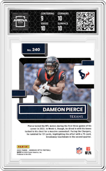 Dameon Pierce from the 2022 Panini Donruss Optic set graded by Arena Club and given an overall grade of 9.5.