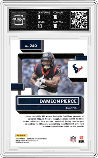 Dameon Pierce from the 2022 Panini Donruss Optic set graded by Arena Club and given an overall grade of 9.5.