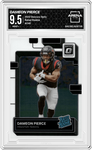 Dameon Pierce from the 2022 Panini Donruss Optic set graded by Arena Club and given an overall grade of 9.5.