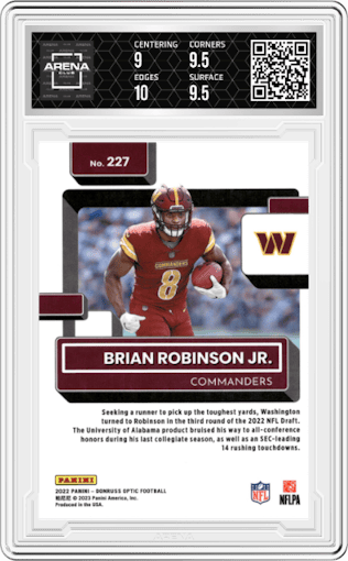 Brian Robinson Jr. from the 2022 Panini Donruss Optic set graded by Arena Club and given an overall grade of 9.5.