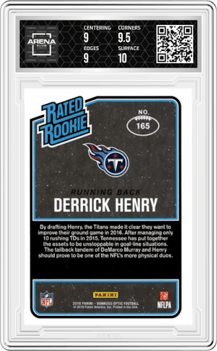 Derrick Henry from the 2016 Panini Donruss Optic Football  set graded by Arena Club and given an overall grade of 9.5.