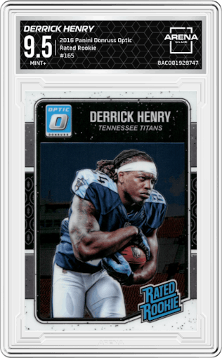 Derrick Henry from the 2016 Panini Donruss Optic Football  set graded by Arena Club and given an overall grade of 9.5.