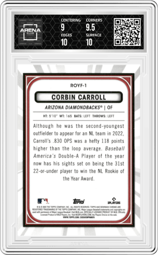 Corbin Carroll from the 2023 Bowman Mega Box set graded by Arena Club and given an overall grade of 9.5.