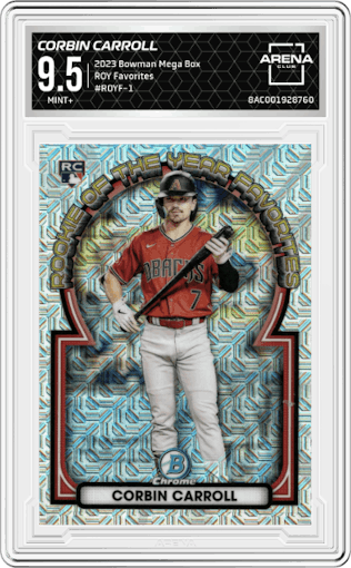 Corbin Carroll from the 2023 Bowman Mega Box set graded by Arena Club and given an overall grade of 9.5.