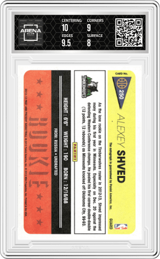 Alexey Shved from the 2012-13 Panini Past & Present set graded by Arena Club and given an overall grade of 8.5.