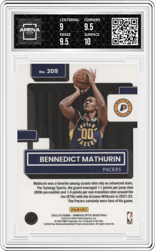 Bennedict Mathurin from the 2022-23 Panini Donruss Optic  set graded by Arena Club and given an overall grade of 9.5.