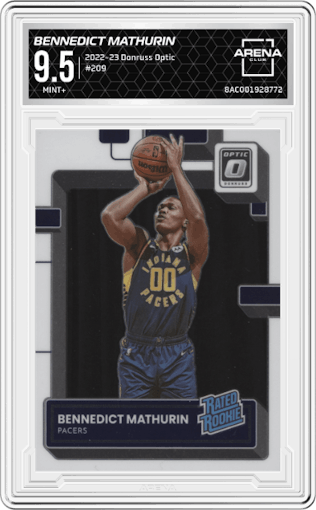 Bennedict Mathurin from the 2022-23 Panini Donruss Optic  set graded by Arena Club and given an overall grade of 9.5.
