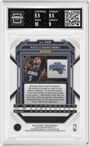 Paolo Banchero from the 2022-23 Panini Prizm  set graded by Arena Club and given an overall grade of 9.5.