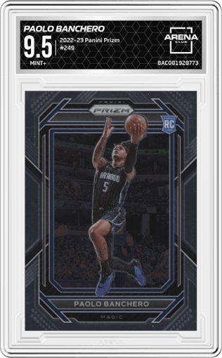 Paolo Banchero from the 2022-23 Panini Prizm  set graded by Arena Club and given an overall grade of 9.5.
