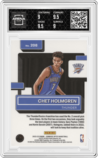 Chet Holmgren from the 2022-23 Panini Donruss Optic  set graded by Arena Club and given an overall grade of 9.5.